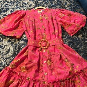 Farm Rio Pink Button-Front Mini Dress with Statement Belt. Medium
